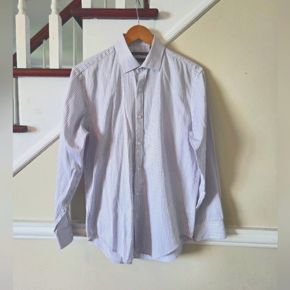 Metropolitan View Men's Striped White and Purple Collared Shirt